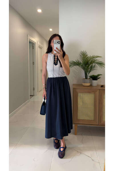 BİRCANÇİL Wies Laci Ecru Striped Sleeveless Dress