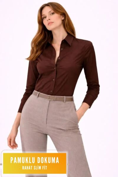 VELİZADE Women's Long Sleeve Woven Cotton Fabric Slim Fit Shirt Buttoned Clas...