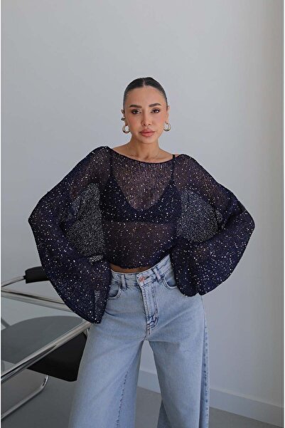 Havoş Navy Blue Sequined Mercerized Blouse