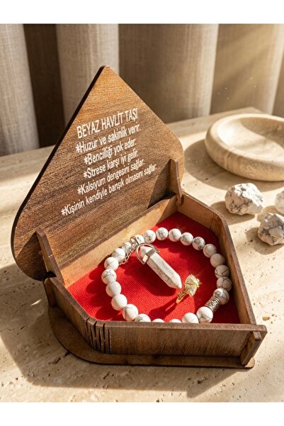 Meneva Aksesuar White Howlite Natural Stone Necklace, Bracelet and Ring Speci...