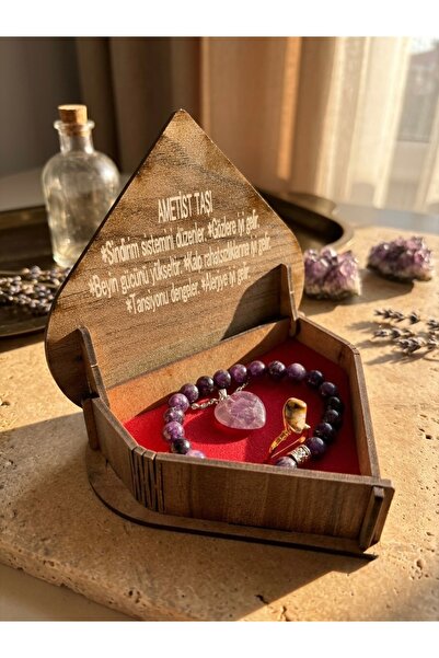 Meneva Aksesuar Ametist Natural Stone Necklace, Bracelet and Ring Special Gif...