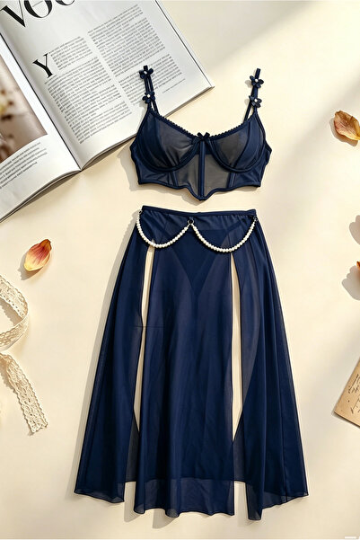 Generic Navy Blue Sheer Mesh Lingerie Set For Women Floral Thin Strap Pearl C...