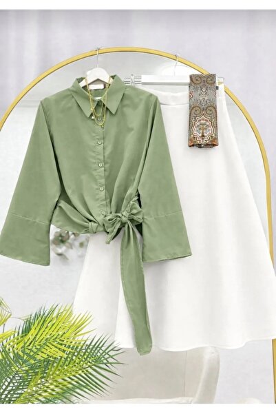 MODA MT Women's Tie-Detail Shirt - Puff Scuba Skirt Set - (Excluding Shawl)