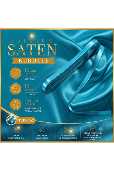 edalle Turkuaz Saten Kurdele 1 Cm 10 Metre, Özel Gün Hediye Süsleme Kurdelesi