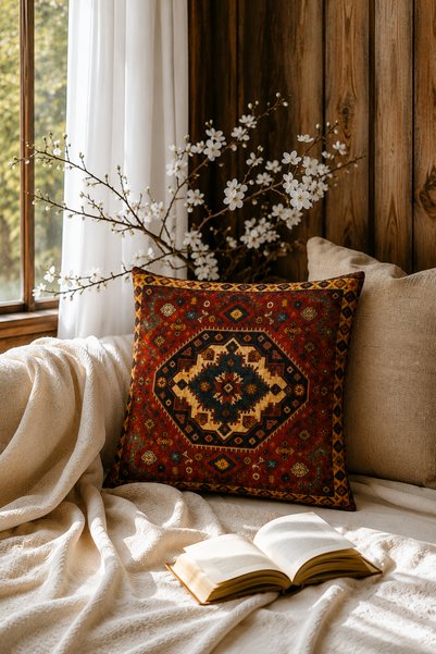 Demirelli Decorative Throw Pillow Cover Red Ethnic Anatolian Vintage Carpet Patterned Bohemian Double Sided Digital Printed Living Room Throw Pillow