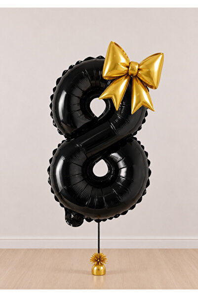 Balonsan -8- Age Black Number Gold Bow Foil Balloon Set