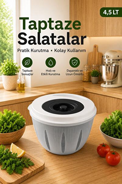 Sariva Home 4,5 L Çevir Kurut Salata Kurutucu Büyük Boy Yeşillik ve Sebze Süz...
