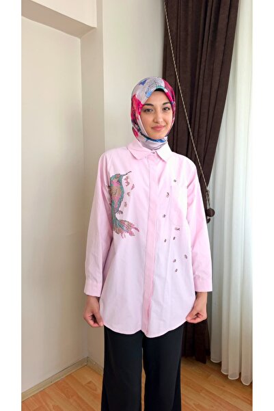 Aynaz Kadın Pembe Kuş Nakış Detaylı Oversize Tunik Gömlek