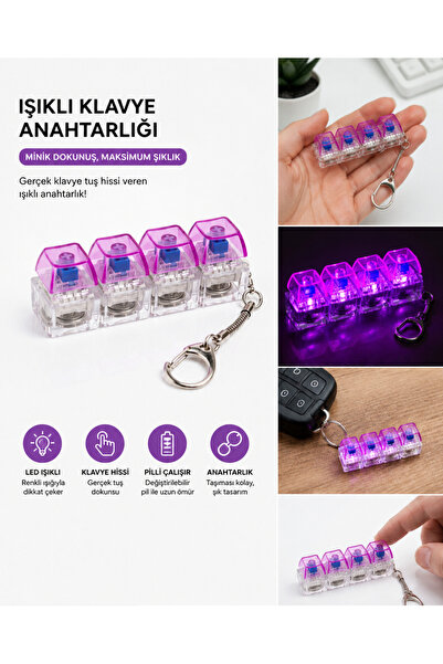 KANİNCHEN Led Işıklı 4'lü Mekanik Klavye Switch Anahtarlık Basınca Yanan Klav...