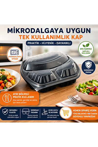 UPLASS AMBALAJ MİKRODALGA KABI 3 BÖLMELİ YEMEK KABI 50ADET+KAPAKLI