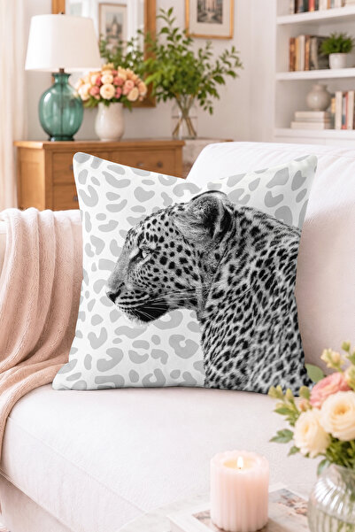 Home Leopar Figürlü ve Benek Desenli Kırlent Kılıfı - Siyah Beyaz Modern Deko...