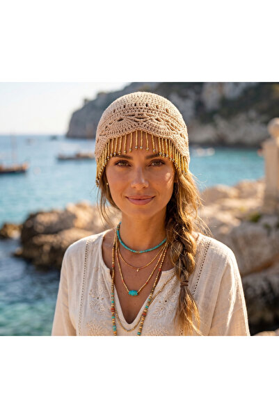 Kervan Pazar Women's Imported Hand-Knitted Bohemian Style Beaded Hair Net Beanie