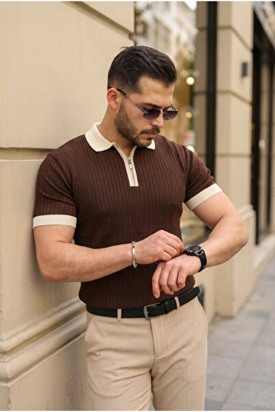 Generic Brand Men's Collar and Sleeve Detailed Zipper Collar Stripe Pattern S...