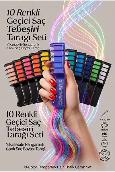 Transformacion 10 Renkli Geçici Saç Tebeşiri Tarağı Seti - Yıkanabilir Rengar...