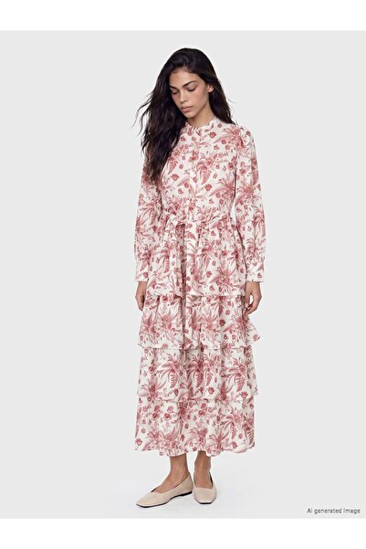 LC Waikiki Lcw Modest Burgundy High Neck Layered Belted Dress