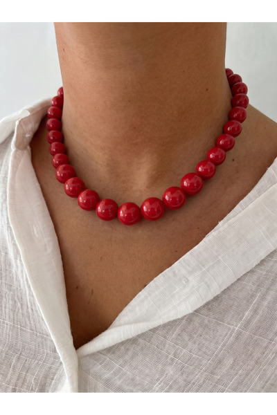 Esdem Accessories Kırmızı Renkli Tek Sıra Boncuk Kolye