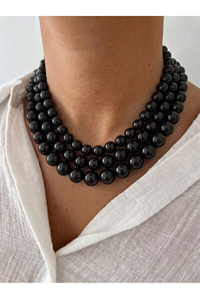 Esdem Accessories Üç Sıralı Siyah Cam Boncuk Kolye