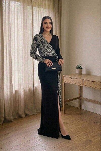 Aysan Moda Patterned Double-Breasted Collar Long Evening Dress