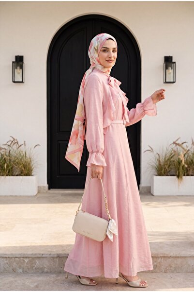 Modamorfo Removable Bolero Belted Lined Double Tulle Voile Dress -Powder