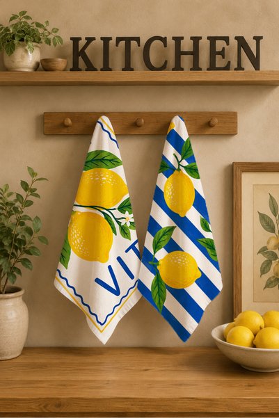 milroma Dolce Vita Lemon and Blue Striped Mediterranean Kitchen Patterned Modern Stylish 2-Piece Kitchen Towel Set 35X55