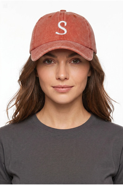 ŞapkaMania Letter S Orange Embroidered Washable Vintage Unisex Hat