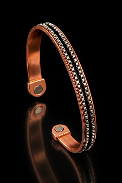 OSMANLI GÜMÜŞ Men's Women's Copper Bracelet Double Steel Chain Black Leather ...