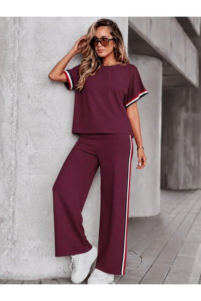 JANES Set de damă cu decolteu rotund și detalii striate – Bluză cu mânecă scurtă din viscoză cu două fire și pantaloni – Set top și pantaloni