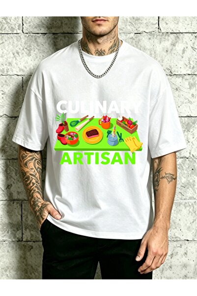 STITCHLY تي شيرت رجالي بتصميم فني مطبوع عليه شعار Culinary Artisan، بقصة فضفا...