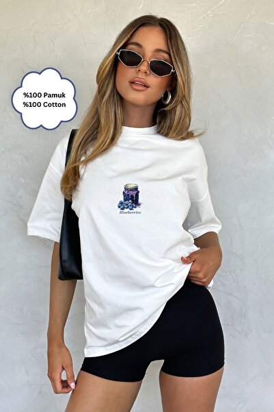 The Champ Clothing Kadın Oversize Tişört Blueberry Muse Baskılı Beyaz – Bisik...