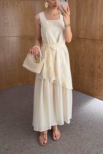 My Blog Natural Embroidery Detailed Belted Dress - 39812