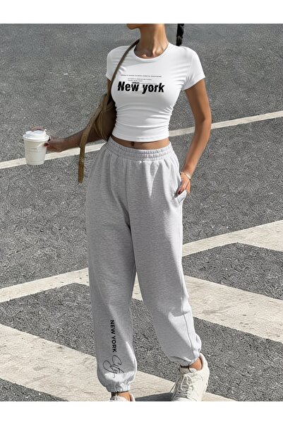 darkopia Women's New York City Printed Baby Tee Combed Cotton Crop and Sweatp...