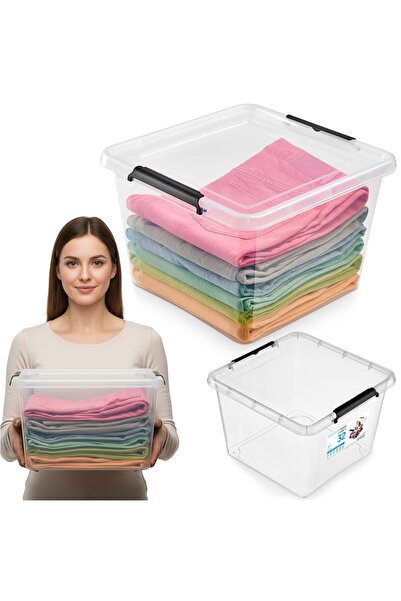 EDANTI Cutie de depozitare din plastic, cu capac, transparentă, pătrată, 32 L