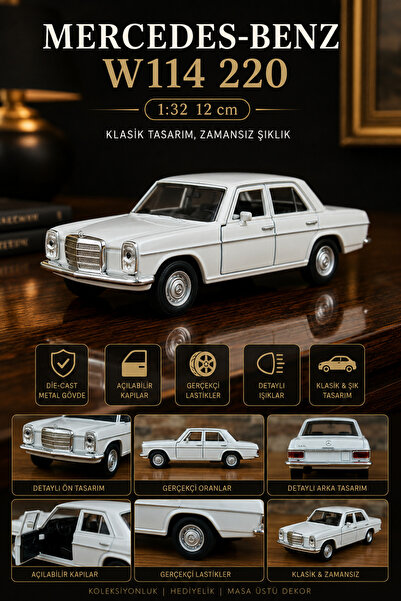 craftivio White Mercedes-Benz W114 220 Classic Metal Model Car 1:32 Scale 12c...