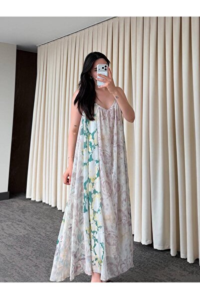 My Blog Green Thin Strap Floral Long Dress - 3321