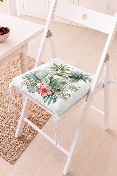 Home Tropikal Yaprak ve Çiçek Motifli Pofidik Sandalye Minderi - Dekoratif Ba...