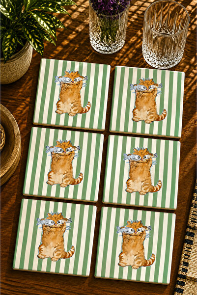 JHAAR Cat Design Modern Set of 6 Coasters - Uv Printing Mdf - 10X10 cm