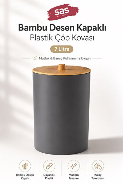 Sas Haus Bambu Desen Kapaklı Plastik Çöp Kovası 7 Litre Antrasit Mutfak Banyo...