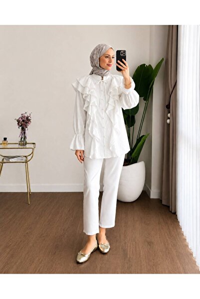MOONSC Women's Premium Ruffle Detailed Dobby Shirt