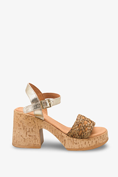İNNABUTİKK Blair Women's Genuine Leather Straw Heeled Sandals - Gold