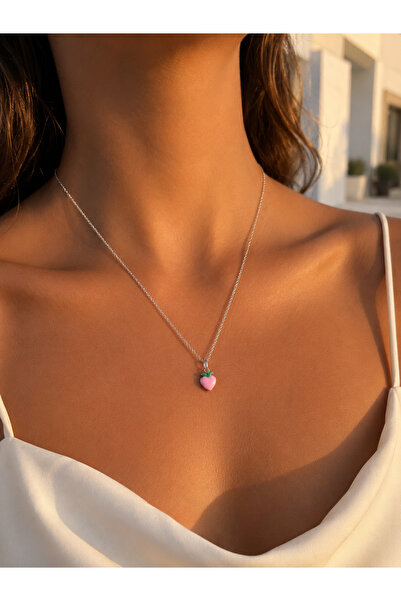 MODA MANANI Women's Silver Color Minimal Powder Pink Strawberry Figured Chain...
