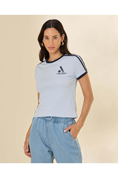 REDTAG Women Light Blue Contrast Rib Graphic T-Shirt