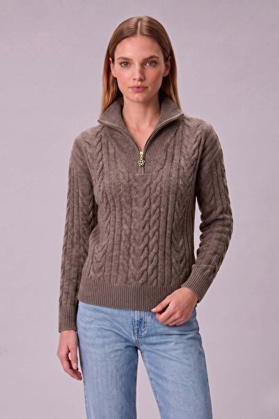 odelon Women's Hair Knitted Half Zipper Bato Collar Wool Knitwear Sweater Brown