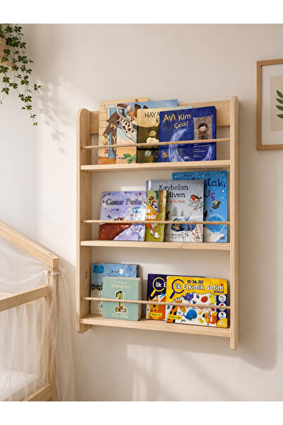 LunaLoveWood Masif Ahşap Montessori Kitaplık - Çocuk Odası Duvar Rafı 3 Raflı...