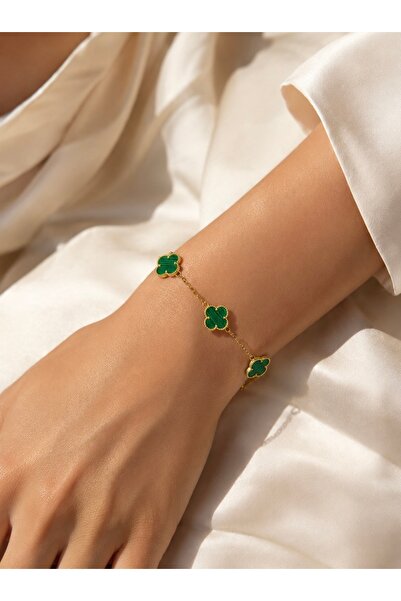 LİNOVE JEWELLERY 925 ayar gümüş yeşil yonca bileklik, Gümüş yonca bileklik, G...