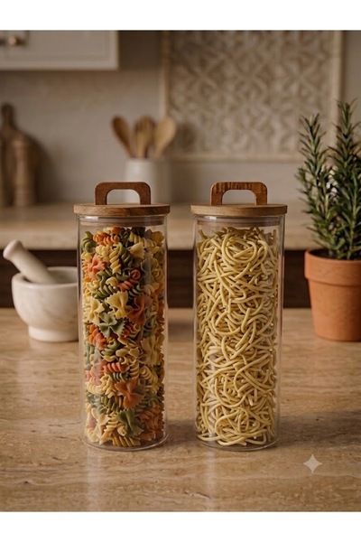 Demirhan 2-Piece Vacuum Acacia Wood Lid Glass Jar - Food/Grain Storage Container