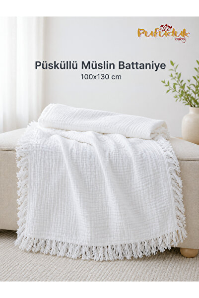 Pufuduk Baby White Muslin Baby Blanket with Tassels 100X130 Cm, Soft Cotton B...