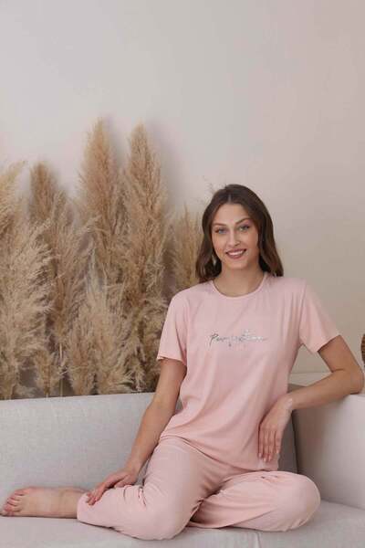 Relax Mode Kadın Dublin Raporlu Pembe Kısa Kol Alt Uzun Fitilli Pijama Takım ...