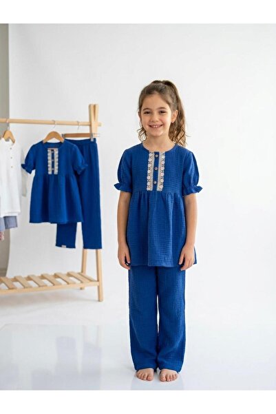 UHDE STORE Girl's Muslin Hijab Tunic Pants Set with Lace Detail