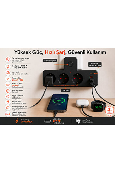 Zoli Akım Korumalı 2500W 3 Priz,3 Usb Ve 1 Type-c Pd 20w Hızlı Şarj Bağlantıl...