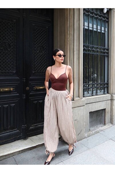 timagna Pantaloni de damă Shalwar, țesătură Tencel, cu pliuri, cu legătură la...